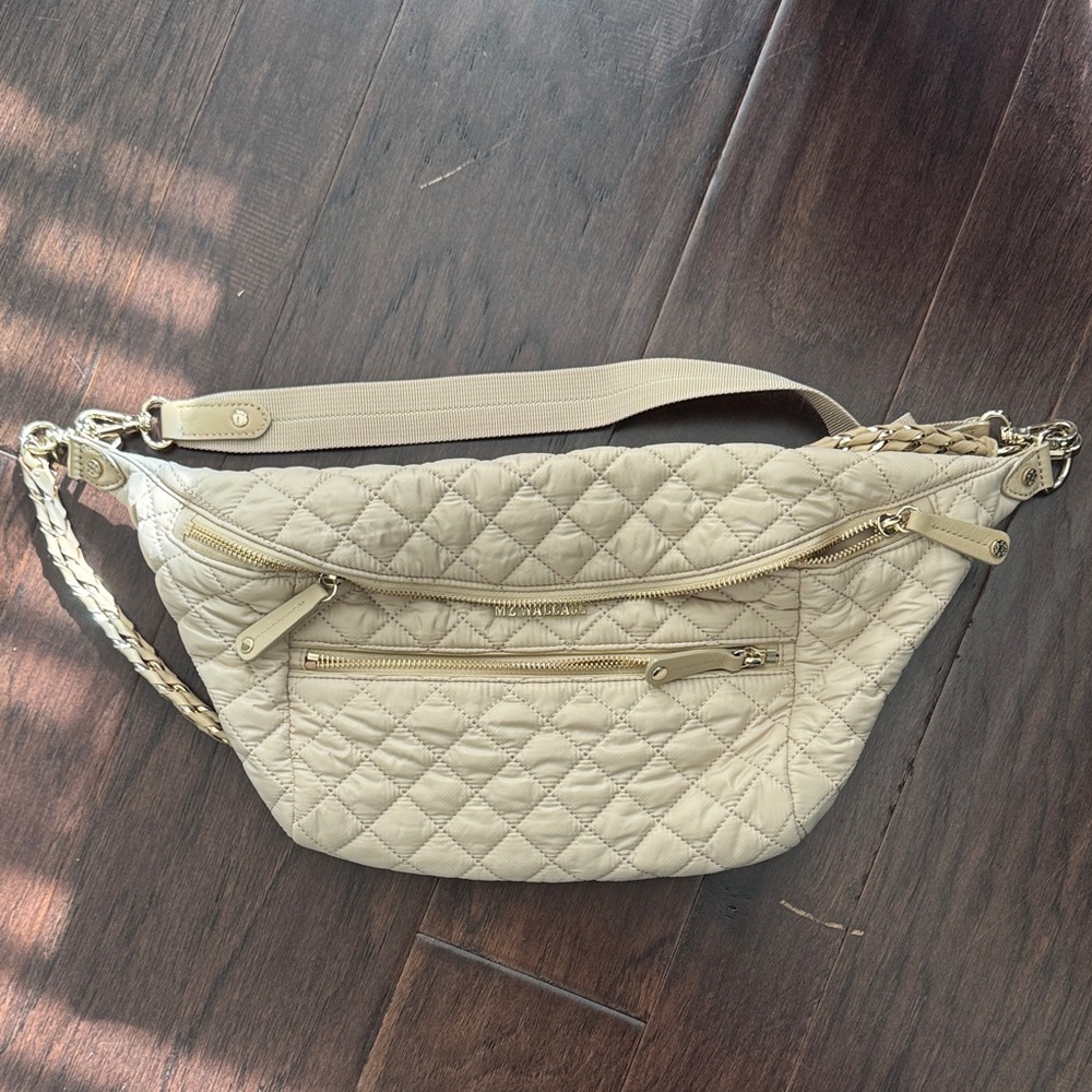 Quilted Cream Crossbody Belt Bag with Gold Hardware